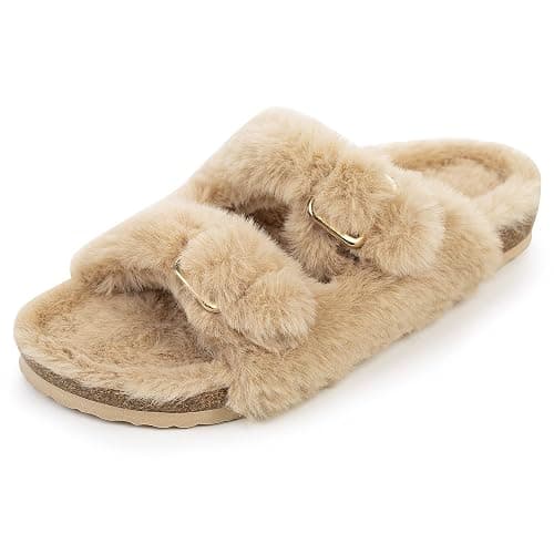 FITORY Womens Open Toe Slipper with Cozy Lining,Faux Rabbit Fur Cork Slide Sandals Size 6-11 thumbnail 5