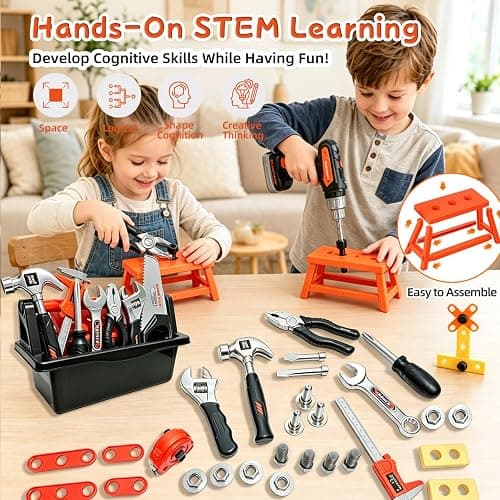 49 PCS Kids Tool Set with Realistic Toy Electric Drill & Storage Box, Construction Worker Dress Up Pretend Play Kit with Washable Vest & Goggles, STEM Educational Builder Gift for Boys Ages 3-7 thumbnail 6