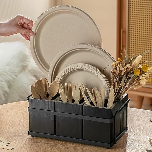 PTSTING Silverware Caddy Black Wood Silverware Holder Paper Plate Dispenser Utensil Caddy Cutlery Flatware Organizer Box for Spoons Forks Plates Napkins thumbnail 2