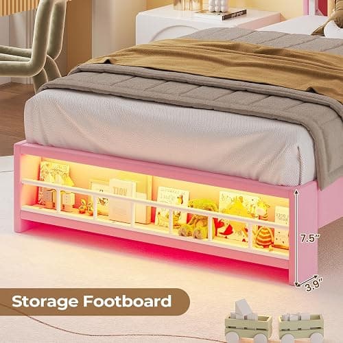 HAUOMS Twin Size Bed Frame with LED Lights, Princess Velvet Upholstered Platform Bed for Girls, Headboard with Charging Station & Guardrail & Crystal Button, No Box Spring Needed, Pink thumbnail 6