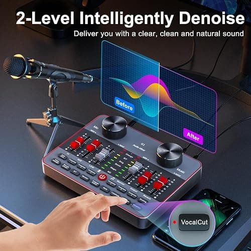 Podcast Equipment Bundle for 2 Mic Tiktok Video Content Creator Kit, Audio Interface DJ Mixer Sound Card/Board Condenser Microphone for Studio Smartphone/PC/Laptop Broadcast Recording thumbnail 4