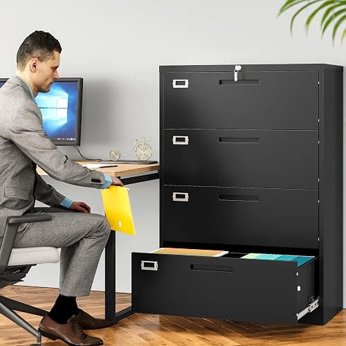 SISESOL 4 Drawer Lateral File Cabinet with Lock,Black Lateral Filing Cabinet,Horizontal Metal Filing Cabinets,Locked Wide Four Drawer File Cabinets for Office Home,Fit A4/F4/Letter/Legal File thumbnail 2