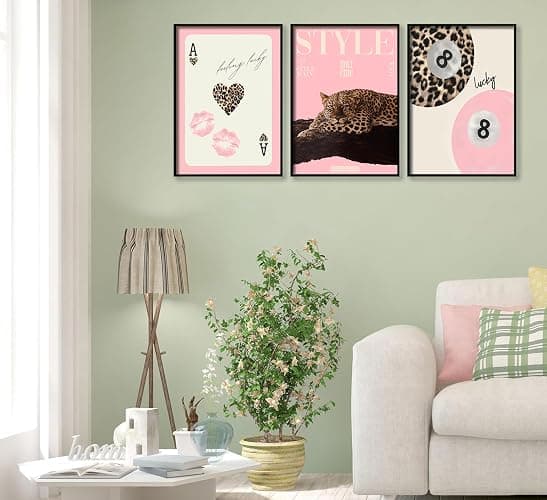 3Pcs Trendy Pink Leopard Wall Art Preppy Leopard Lucky 8 Ball Poster Printing Artwork Y2k Coquette Funky Cheetah Aesthetic Room Decoration for College Apartment, Girls Bedroom Dorm Scene Home Decor thumbnail 7