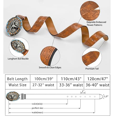 Western PU-Leather Cowboy Buckle Belt for Men and Women Jeans Engraved Floral Longhorn Bull Buckle Belt (27-40" waist) thumbnail 6