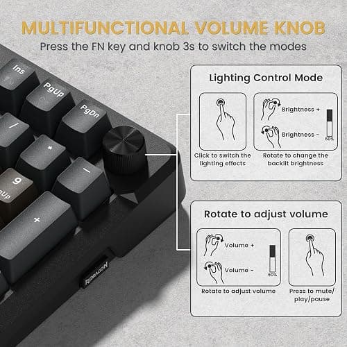 Redragon K742 Wireless Mechanical Gaming Keyboard with Knob, Bluetooth 5.0/2.4GHz/USB C Wired Creamy Keyboard with Number Pad for PC Computer, RGB Backlits, Hot-Swappable with Linear Switches (Brown) thumbnail 8