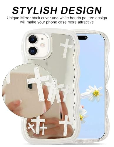 Jusy Compatible with iPhone 11 Case with Wavy Edge, Cute White Cross Pattern Mirror Curly Phone Cases, Shockproof Hard PC & Soft TPU Bumper Protection Cover for Women Girls-Cross Pattern thumbnail 3