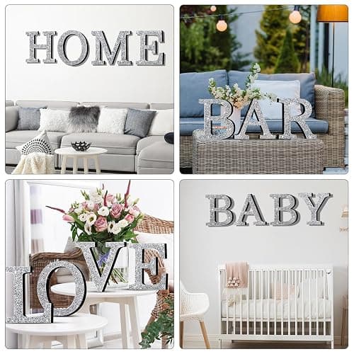 Qunclay Silver Crystal Diamond Bling Letters Crushed Diamond Decorations Wooden Glitter Letters with Screw and Hooks Rhinestone Gifts for Christmas Wedding Bedroom Wall Decor (8''l X 8''w,Letter M) thumbnail 6