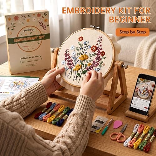 CYANFOUR 5 Pack Beginner Embroidery Kit for Adults, Easy to Learn Floral Embroidery Patterns from Video & Instruction, Needlepoint Kits for Adults Include Embroidery Hoop, Colorful Threads, Tools thumbnail 3