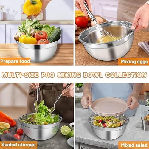 Mixing Bowls with Airtight Lids for Kitchen, 7 Piece Stainless Steel Metal Nesting Storage Bowls, 3 Grater Attachments, Size 4.5, 3.6, 2.7, 2.1,1.7, 1.1,0.7QT for Mixing, Baking & Serving Food thumbnail 5
