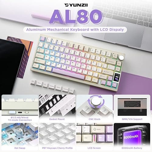 YUNZII AL80 Wireless Mechanical Keyboard,Full Aluminum CNC, Smart LCD Display,Hot Swappable Gasket Mount 75% Layout with Knob,BT/2.4G/USB-C,QMK/VIA Support for Win/Mac (Beige, Cocoa Cream V2 Switch) thumbnail 2