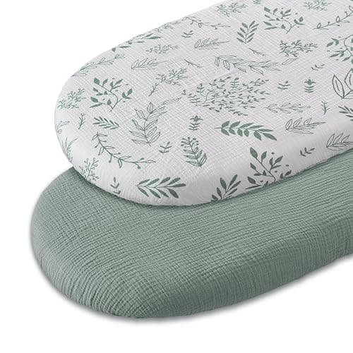 Muslin Bassinet Fitted Sheets, 2 Pack for Baby Boy and Girl, Soft Breathable Stretchy Baby Pad/Mattress Sheet Set, Universal Fit for Hourglass Oval and Rectangle Bassinet Mattress (Natural Leaves) thumbnail 8