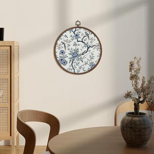 Blue and White Spring Flower Bird Round Framed Wall Art, Embroidered Chinoiserie Floral Decor, Small Gallery Wall Accent for Grandmillennial Style, Blue Wall Hanging for Bedroom Living Room-A09 thumbnail 8