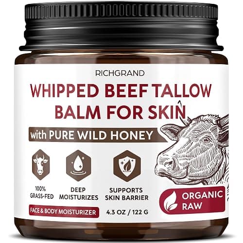 RICHGRAND Beef Tallow for Skin - Whipped Tallow and Honey Balm - Grass Fed Beef Tallow for Face, Daily Moisturizer & Body Butter - Natural Non Comedogenic Skincare (4.3 oz) - Image 1