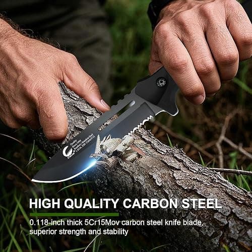 CuCut Full Tang Fixed Blade Knife with Sheath - 4-inch Carbon Steel Blade, Black Non-Stick Finish with Serrated Edge, PP Handle Camping Knife for Outdoor, Survival, Hiking thumbnail 2