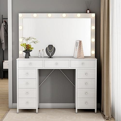 44.1" Vanity Desk with Power Outlet, Makeup Vanity with Mirror and 14 LED Light, 3 Lighting Modes,11 Drawer Vanity Table with Jewelry Storage, Cloth Drawer for Bedroom, White thumbnail 7