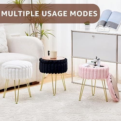 Wimarsbon Vanity Stool with Storage, Faux Fur Ottoman Chair with Metal Legs, Round Makeup Vanity Chair for Bedroom or Dressing Table, Modern Small Ottoman Seat (White) thumbnail 7
