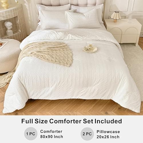 tohrisa Boho Comforter Set Full Size Striped Pleats Bohemian Seersucker Bedding Set All Season Soft Cozy 3 Pieces Quilt with 2 Pillowcases(80"X90" White) thumbnail 5