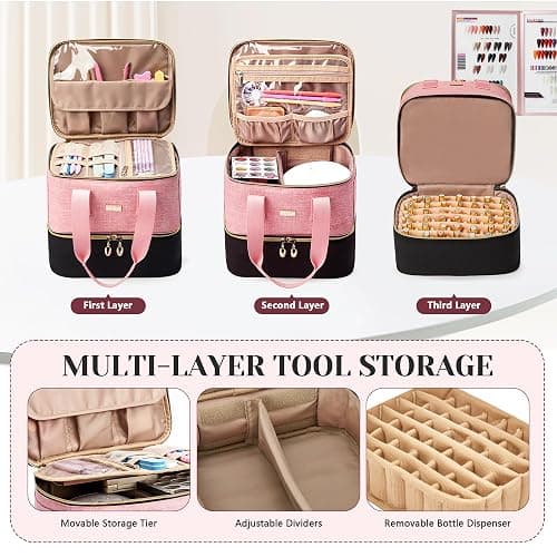 BAGMIND Nail Polish Organizer, Double Layer Nail Organizer and Storage Box Holds 42 Bottles & Nail Tech Kit Supplies, Large Capacity Nail Polish Organizer Case Carrying Bag thumbnail 3