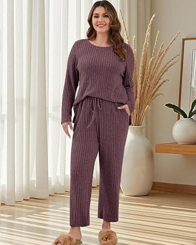 ZHUHOUSE Womens Plus Size Lounge Pajamas 2 Piece Pj Sets Soft Long Sleeve Ribbed Tops Wide Leg Pants with Pockets thumbnail 5