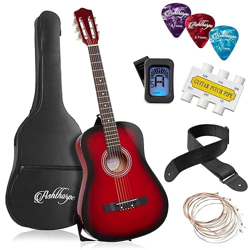 Ashthorpe 38-inch Beginner Acoustic Guitar Package (Red), Basic Starter Kit w/Gig Bag, Strings, Strap, Tuner, Pitch Pipe, Picks - 38 Inch - Red