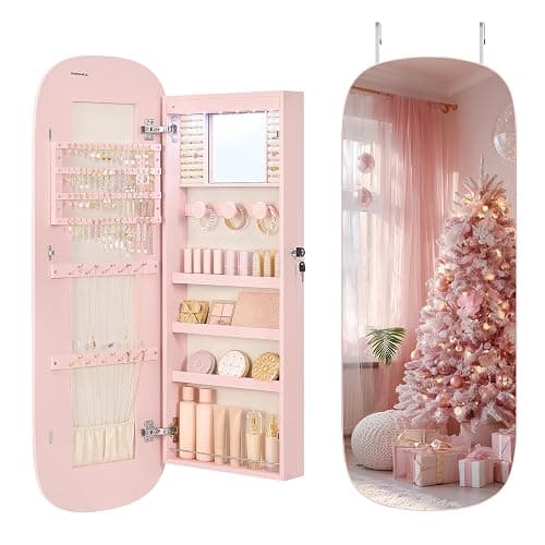 SONGMICS Jewelry Organizer, LED Jewelry Cabinet Wall/Door Mounted, Lockable Rounded Wide Mirror with Storage, Christmas Gift 3.9 x 16.5 x 42.5 Inches, Jelly Pink Surface with Cream White Lining - Image 1