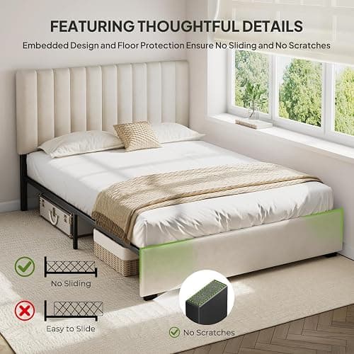 Welzona Full Upholstered Bed Frame with Headboard, Velvet Upholstered Metal Platform Bed with Vertical Channel Tufted Headboard, 3-Level Height, Metal Slat Support, Noise-Free Easy Assembly, White thumbnail 7
