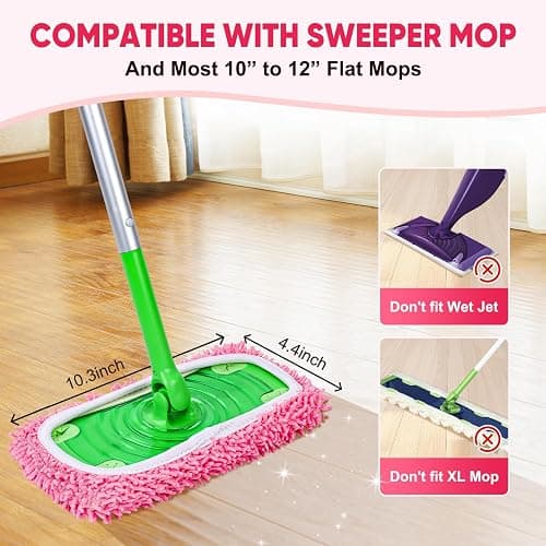 6 Pack Reusable Mop Pads Compatible with Swiffer Sweeper, Pink | Chenille Mop Refill Pads, Dry & Wet Mopping Cloths for Floor Cleaning thumbnail 3