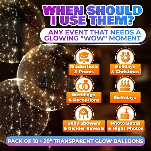 Light Up Balloons 10 Pack, 18 Inch Clear Balloons with LED Lights | Reusable Glow Decor with a String Light and Switch Inside Every Piece - Bright Accents for Weddings, Birthdays, Party Nights thumbnail 12