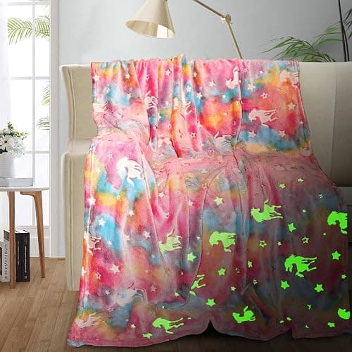 TEHALK Unicorn Glow in The Dark Blanket for Girls/Kids, 60% Polyester/40% Flannel, 40"x60", Pink, Cartoon Unicorn with Star - Image 1