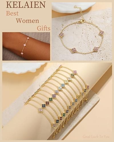 KELAIEN Birthstone Gold Clover Bracelet for women Dainty Cute bracelets | 14K Gold Plated,Friendship Stackable Bracelets for Women No Tarnish,Trendy Charm Best Friend Bracelet Stack,Birthday Jewelry thumbnail 4