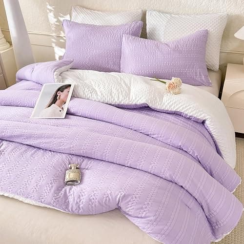 tohrisa Boho Comforter Set Twin Size Striped Pleats Bohemian Seersucker Bedding Set All Season Soft Cozy 2 Pieces Quilt with 1 Pillowcase(68"X90" Lavender) thumbnail 6