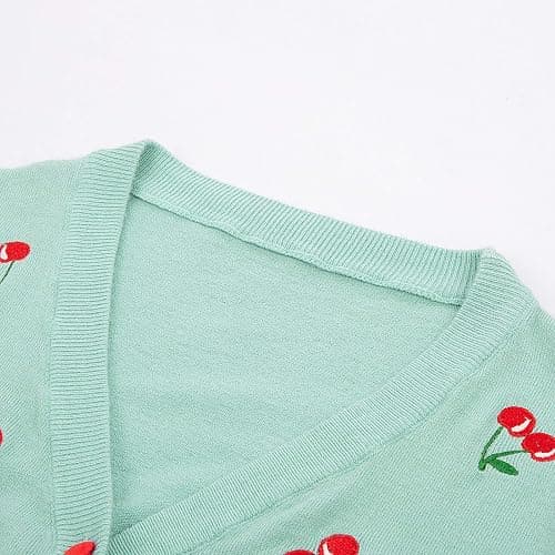 Belle Poque Women's 3/4 Sleeve V-Neck Button Down Cherries Embroidery Cropped Cardigan Sweater Coat thumbnail 6