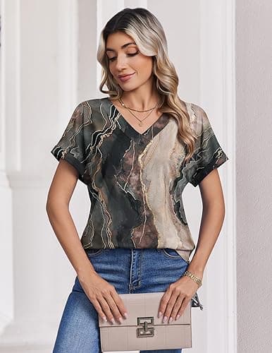 Zeagoo Womens Summer Tops Rolled Short Sleeve V Neck Shirts Casual Dressy Business Work Blouses Outfits thumbnail 6