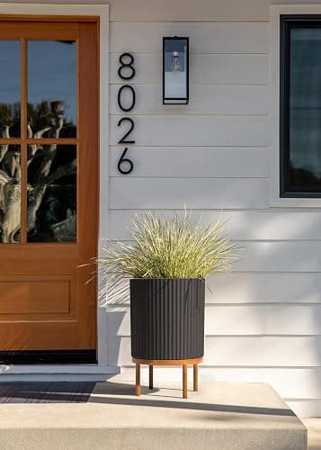 Veradek Demi Series Round Planter w/Stand for Porch/Patio | Durable Plastic-Stone Composite & Wooden Stand | Modern Décor for Tall Plants, Flowers thumbnail 5