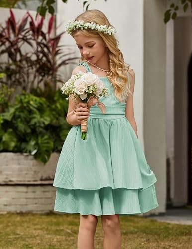 Arshiner Girls Summer Spaghetti Strap Dresses Flowy Tiered Ruched Smocked Back Casual Beach Midi Sundress - 9-10 Years - Green thumbnail 2