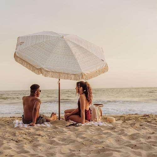 BEACH STATE Summerland 6.5 Feet Beach Umbrella with Fringe - Patio Umbrella - Outdoor Umbrella - UV50+ Sun Protection - Laguna Print in Driftwood thumbnail 4