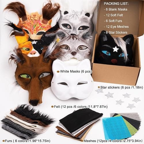 OPPKIE Cat Fox Therian Masks 42PCS with Felt Furs Eye Meshes and Stars, Costume Furry Masks to Paint, Animal Mask Arts Crafts Kit, Dress Up DIY for Halloween Christmas Cosplay Party Interaction thumbnail 4