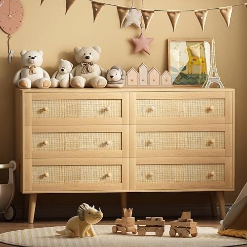 HUANLEGO Rattan Dresser for Bedroom, Modern 6 Drawer Dressers & Chest of Drawers, Natural Boho Dresser with Handles Wood Storage Organizer Modern Dressers for Closet, Hallway, Office thumbnail 4