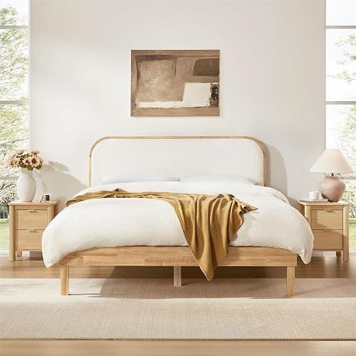 KISLOT Wood Bed Frame with Upholstered Headboard, Mid-Century Boucle Fabric Platform Modern Bed Mattress Foundation Noise-Free No Box Spring Needed Easy Assembly thumbnail 7