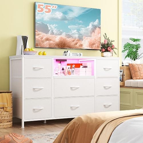 White Dresser for Bedroom with LED Lights & Charging Station, Dresser TV Stand for Bedroom with 8 Drawer for 55 inch TV, Fabric Dressers & Chests of Drawers with Open Shelves for Hallway Entryway thumbnail 5