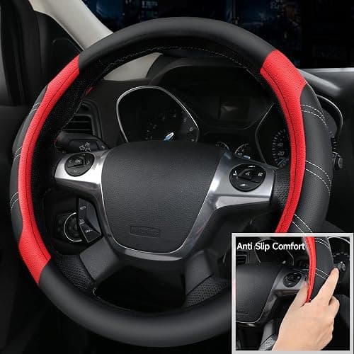 CAR PASS Leather Steering Wheel Cover and Waterproof Car Floor Mats,Microfiber Universal Car Combo Fit for 95% Sedan,SUV,Cars,14.5-15inch Sporty Anti-Slip Safety Comfortable Design(Black＆Red) thumbnail 6