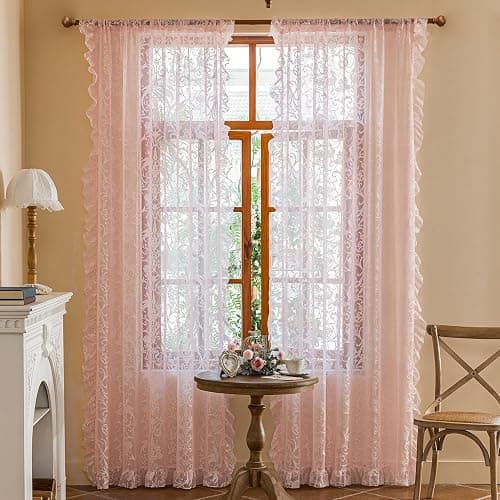 TUDECO Pink Lace Curtains 84 Inch Long, Romantic Ruffle Edges, 2 Panels | Light Pink, Coquette Princesscore Look, Vintage Floral, Bedroom Living Room Decor, Soft Light Filtering, Semi-Privacy thumbnail 8