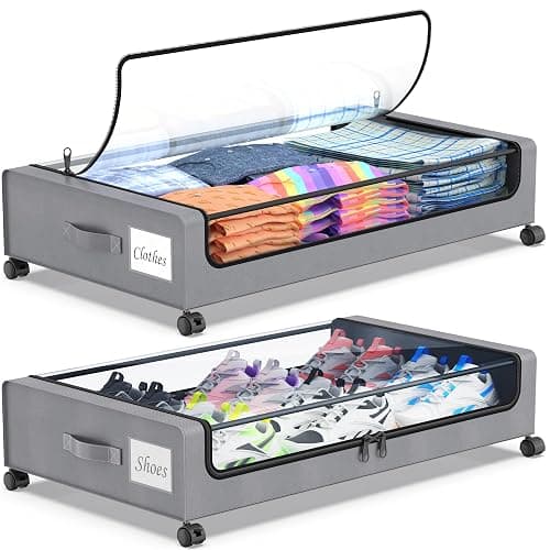 Beborxue Under Bed Storage with Wheels, 2-Pack Under the Bed Storage Containers with Lids, XXL 60L Under Bed Shoe Storage Organizer Bins, Rolling Underbed Storage for Clothes, Shoes, Blankets (Gray) - Image 1