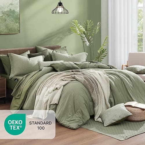 Monbix Full Size Comforter Set Sage Green 7 Pieces Bed in a Bag | Cationic Dyeing Reversible All Season Bedding Sets with Comforter, Sheets, Pillowcases & Shams thumbnail 5