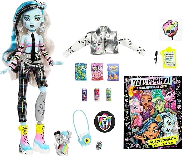 Monster High Frankie Stein Doll, Welcome Committee Set with 15 Accessories Including Poster, Sticker, Pet Watzit and More (Amazon Exclusive) thumbnail 6