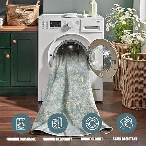 Deerly Large Rug 8x10 for Bedroom Washable Floral Farmhouse, Dusty Blue | Vintage Tranditional Rug, Non Slip, Low Pile, Thin Floor Decor Soft Decorative Rug for Home Office, Living Room, Dining Room thumbnail 5