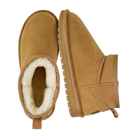 EVELLYHOOTD Genuine Suede Ankle Snow Boots for Women Men-Water Resistant Warm Flat Padded Winter Fuzzy Mini Boots with Cozy Faux Fur Lining - Image 1