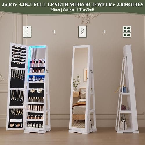 jajov 63" Mirror Jewelry Cabinet with Lights, 360° Swivel Frameless Full-Length Mirror Jewelry Armoire Organizer Standing, Rear Storage Shelves – White thumbnail 7