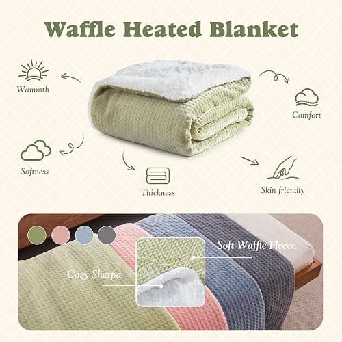 ACCU-WARMTH Cozy Heated Blanket Waffle Throw Size - Fast Warming Electric Throw Blanket with 6 Heat Settings & 4 Hours Auto-Off, Ideal Gift for Her, 50"x60", Sage Green thumbnail 2