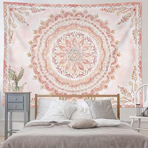Fowocu Boho Floral Mandala Tapestry Wall Hanging Pink Bohemian Flower Medallion Tapestry Aesthetic Watercolor Hippie Indian Large Tapestries for Bedroom Living Room Dorm Decor 80 x 60 Inch thumbnail 3